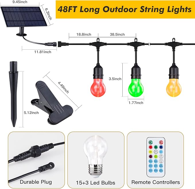Solar Outdoor RGB String Lights, 48FT Dimmable Patio Lights - Image 6