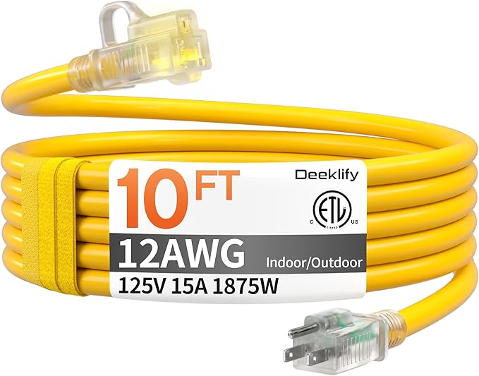 12awg 10 FT Heavy Duty Outdoor Extension Cord Waterproof by Deeklify