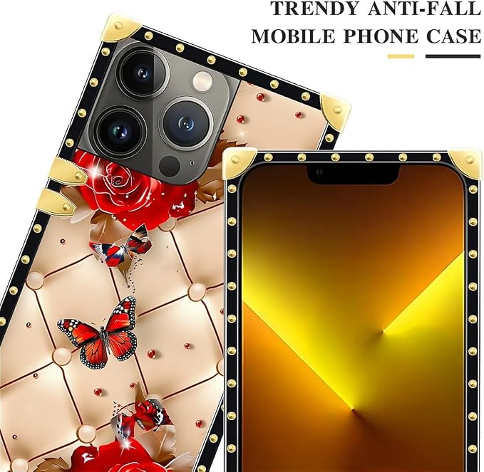 Compatible with iPhone 13 Pro Max Case, Shining Red Rose Butterfly Leather - Image 4