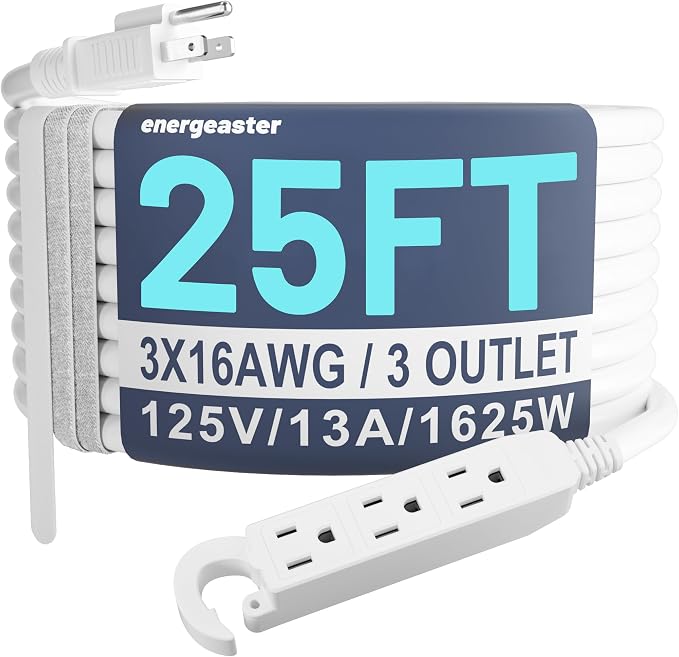 16/3 25 Ft 3 Outlet Extension Cord Indoor, Outdoor White Extension Cords by energeaster