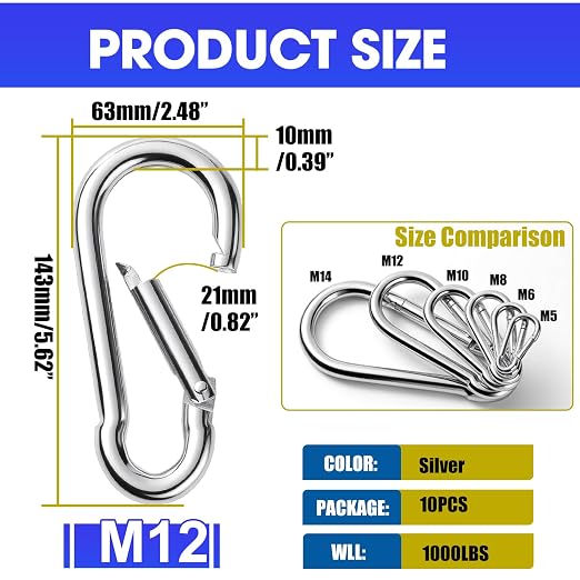 10Pack 5.5 Inch Spring Snap Hooks, Heavy Duty Carabiner Clips - Image 2