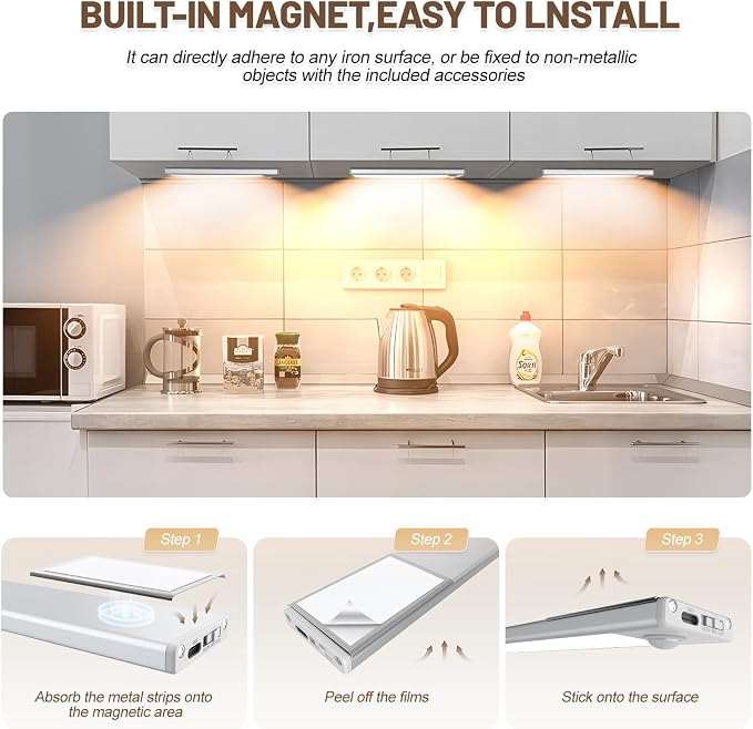 6 Pack Under Cabinet Lighting Wireless, 50 LED Rechargeable Battery Motion - Image 4