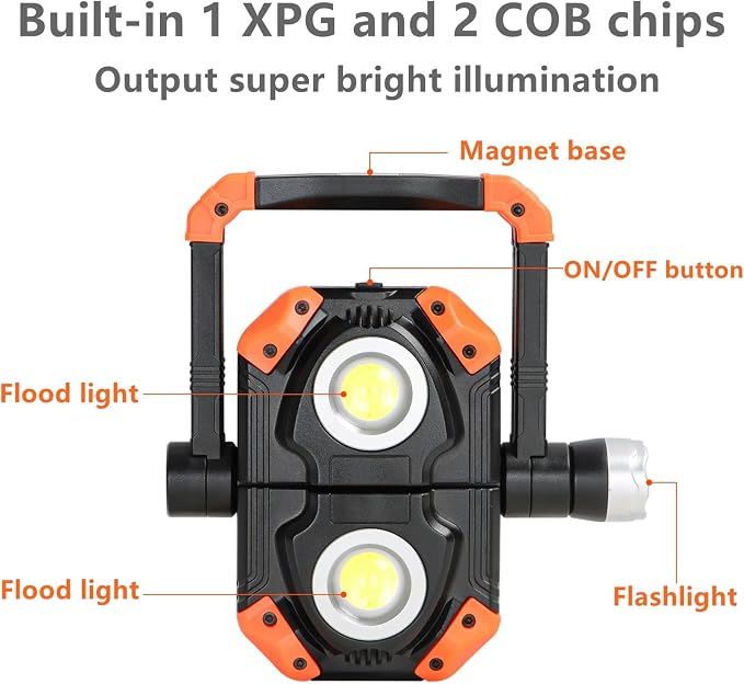 sunzone Rechargeable LED Work Light, Portable Flood Light Spotlight 2 in 1 Job - Image 2