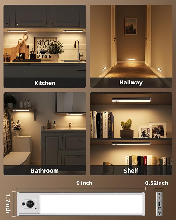 EZVALO 3-Pack Under Cabinet Lighting, 2400mAh Motion Sensor Light, LED Closet - Image 8