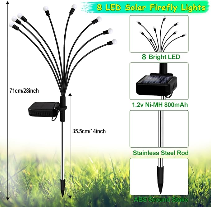 Kohlrabi Solar Garden Lights Outdoor, 2 Pack 16 LED Solar Blue Firefly Lights - Image 2