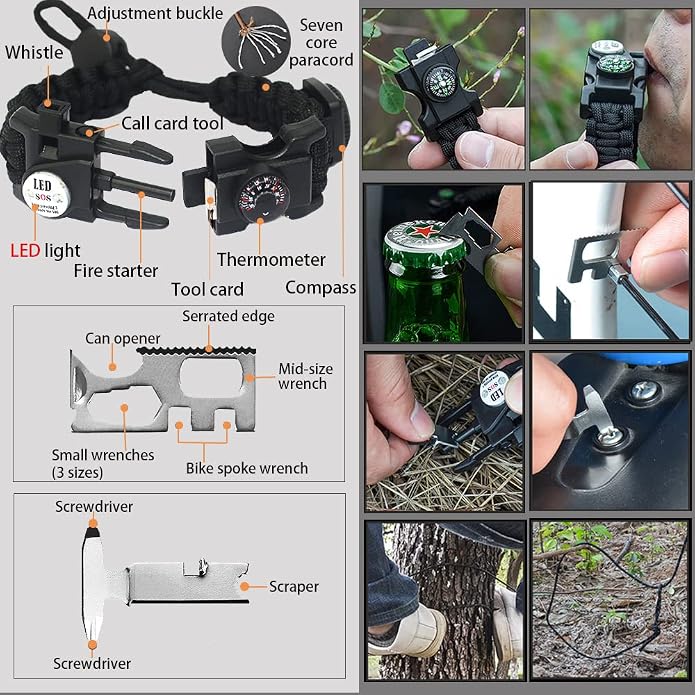 Survival Paracord Bracelet, Fire Starter, Waterproof SOS Light, Adjustable AK87 - Image 2