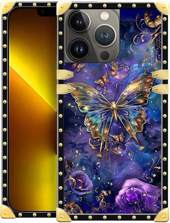 Compatible with iPhone 13 Pro Case, Glistening Golden Butterfly Vibrant Purple by Unknown
