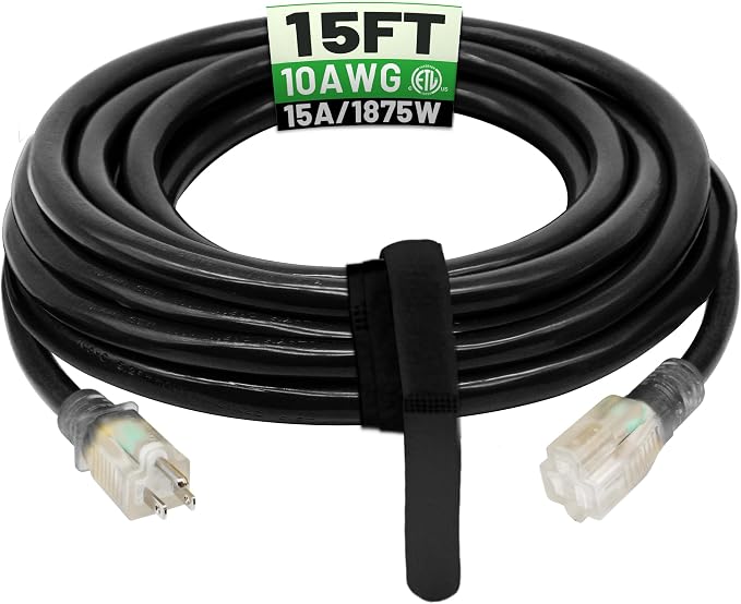 POWGRN 15 Ft 10AWG Black Outdoor Extension Cord Waterproof Heavy Duty 10 Gauge by POWGRN