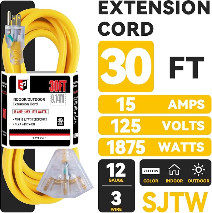 EP 30 Ft 12 Gauge Heavy Duty Extension Cord, 15A 125V 1875W, 3 Outlet - Image 2