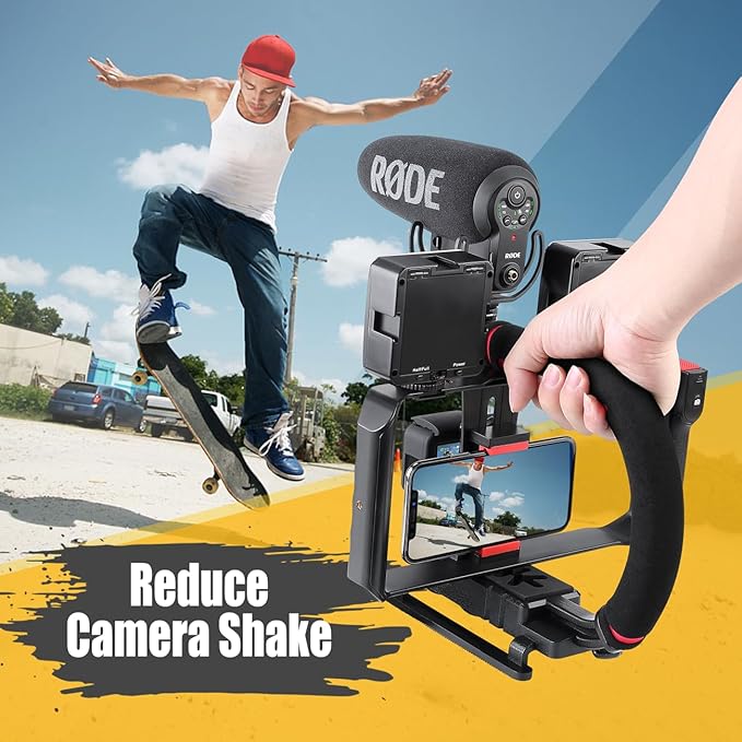 Zeadio Camera Smartphone Handheld Stabilizer, Triple Cold-Shoe Handle Grip - Image 2