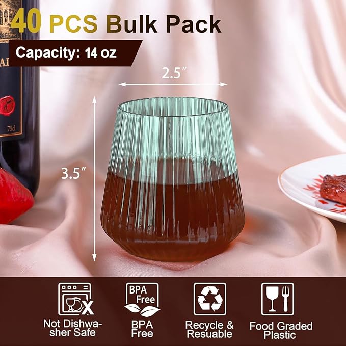 Lueumxc 40 Pack Plastic Ribbed Wine Glasses, 14Oz Origami Disposable Wine - Image 2