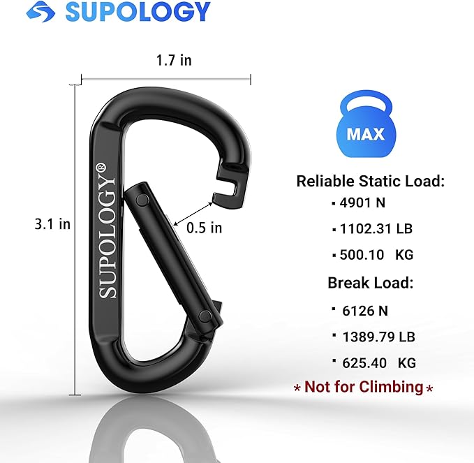 Heavy Duty Carabiner Clip, Steel Carabiners 1100lbs 3" D Shaped Spring Hook - Image 2