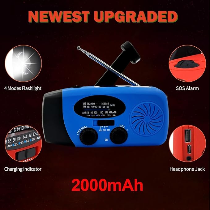 2000mAh Weather Emergency Radio, Portable Solar AM/FM/NOAA Hand Crank Radio - Image 3