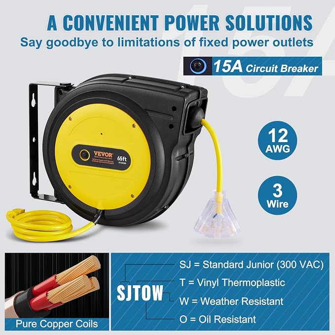 VEVOR Retractable Extension Cord Reel, 65 FT, Heavy Duty 12AWG/3C SJTOW - Image 4