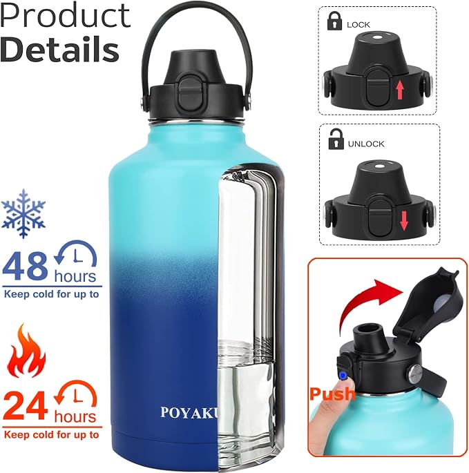 Water Bottle Insulated 32oz 40oz 64oz 128oz Straw Lid Spout Lid & 3 Lids - Image 2