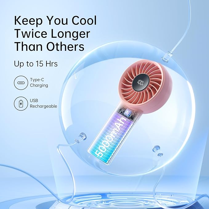 JISULIFE Handheld Portable Fan, Stronger and Longer-Lasting: 5 Speed, 5000mAh - Image 4