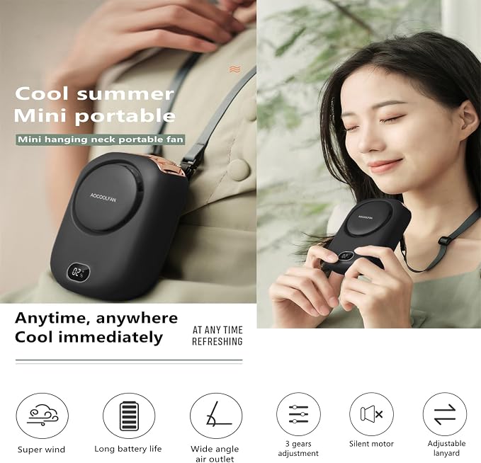 AOCOOLFAN Portable Neck Fan, Mini Small Personal Handheld Fan USB Rechargeable - Image 2