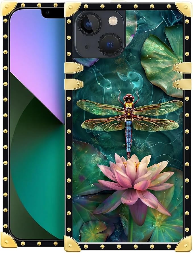 Compatible with iPhone 13 Case, Colourful Dragonfly Pink Lily Pads Luxury by Unknown