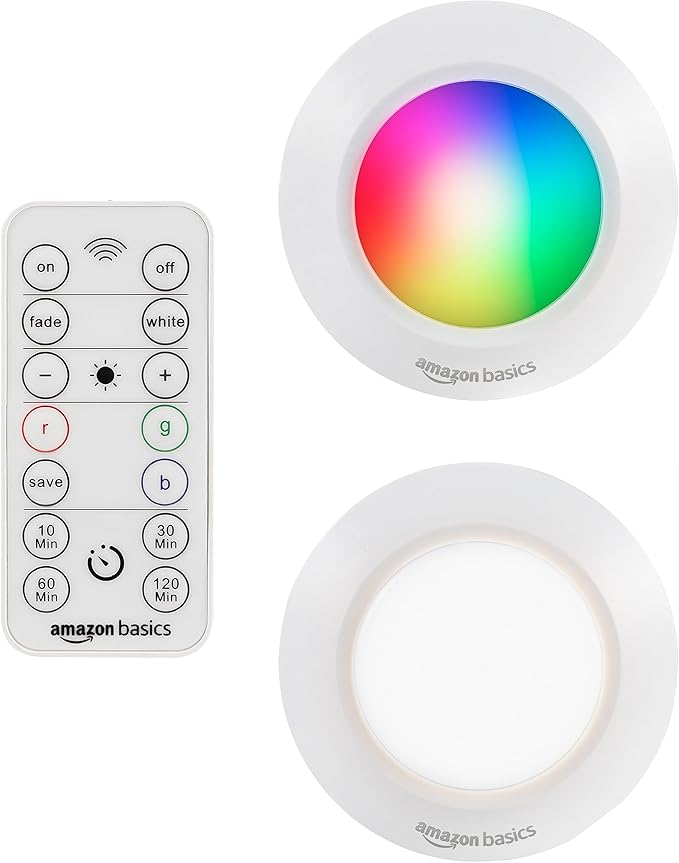 Amazon Basics LED Puck Lights, Color Changing, Battery Operated, IR Remote - Image 2