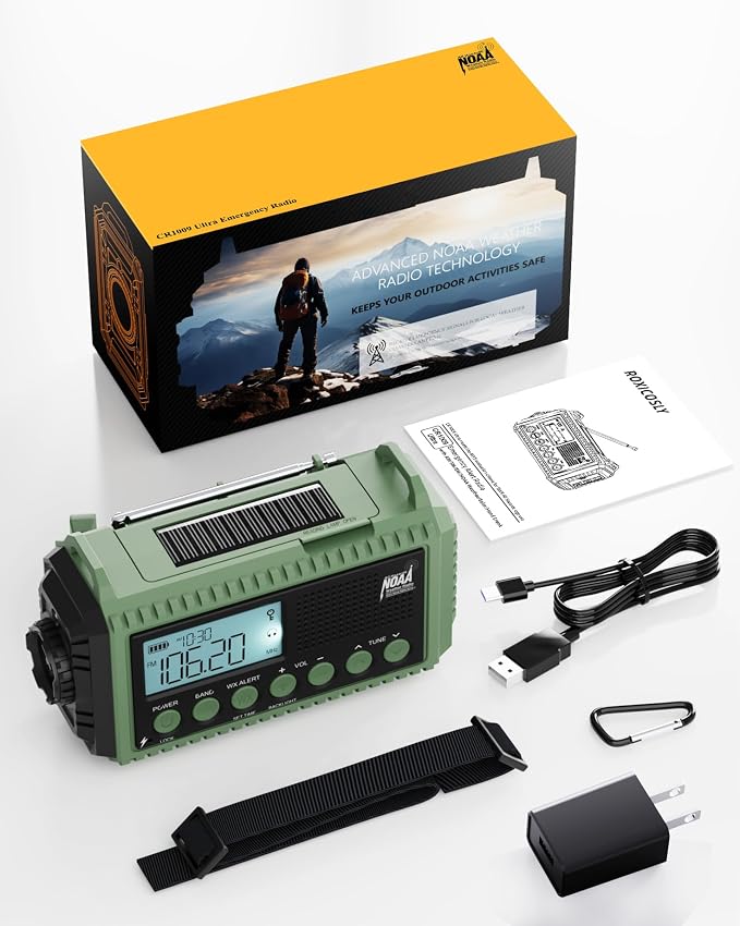 Emergency Weather Radio, Hand Crank 12000mAh Battery Powered Auto Alert NOAA - Image 7