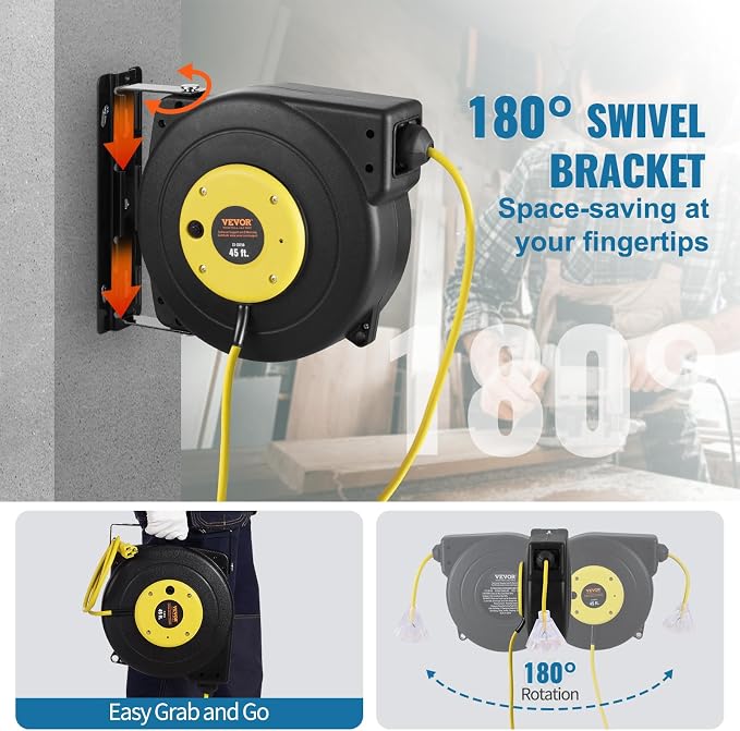 VEVOR Retractable Extension Cord Reel, 45 FT, Heavy Duty 12AWG/3C SJTOW - Image 6