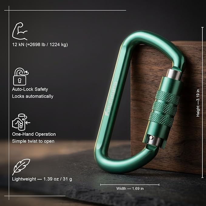 FresKaro 3inch 12kN-2698lbs Auto Locking Carabiner Clips, Solid D Shape - Image 2