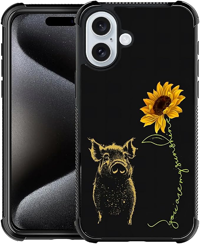 for iPhone 16 Plus Case, Pig Sunflower Yellow Sunshine Pattern Graphic Design by FKBRCL4U