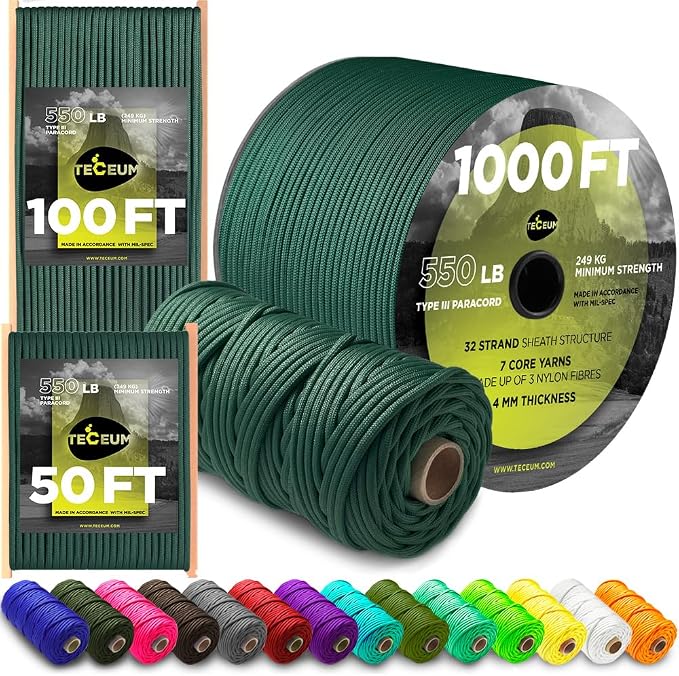 TECEUM 5/32" Paracord Rope 1000 – 1000ft / 200ft / 100ft / 50ft – Tactical by TECEUM