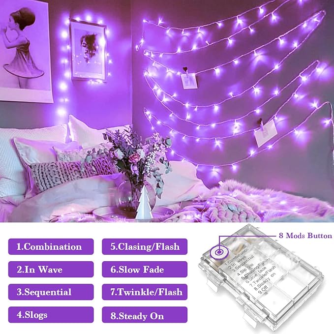 JMEXSUSS 33ft 100 LED Purple Christmas Lights, Battery Operated Christmas Lights - Image 5