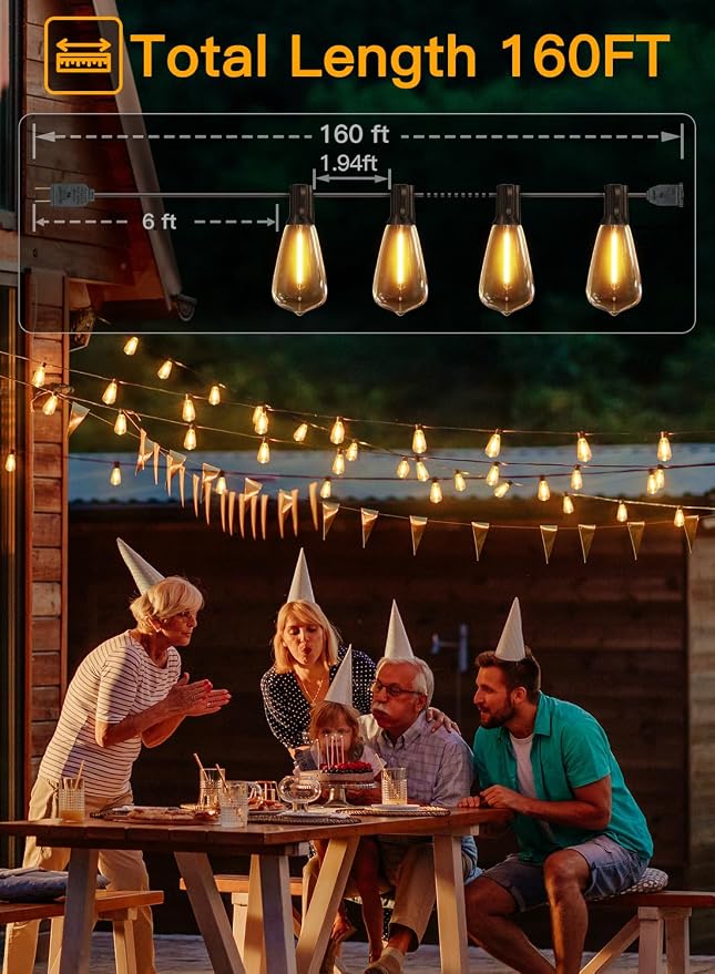 Ollny Outdoor String Lights 160FT, Shatterproof Connectable Patio Lights - Image 2