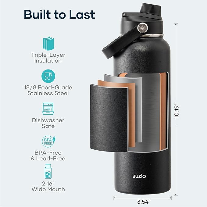 BUZIO 40oz Insulated Water Bottle, Triple Wall Vacuum Stainless Steel Water - Image 5
