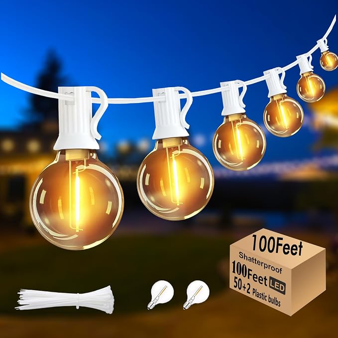 G40 LED Outdoor String Lights White 100FT Patio Lights by Skeerei