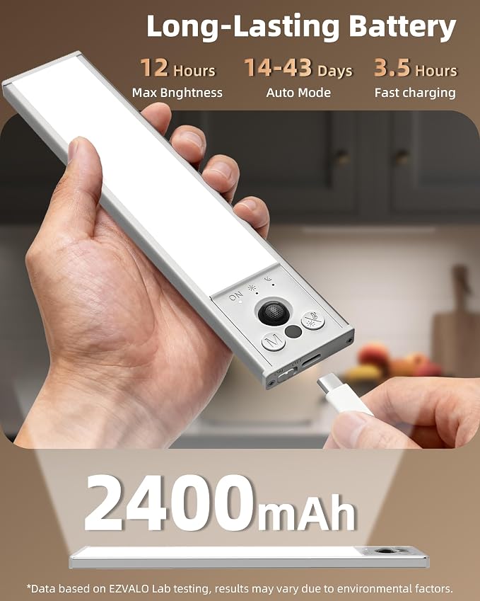 EZVALO 4-Pack Under Cabinet Lights, 2400mAh Rechargeable Motion Sensor Light - Image 4