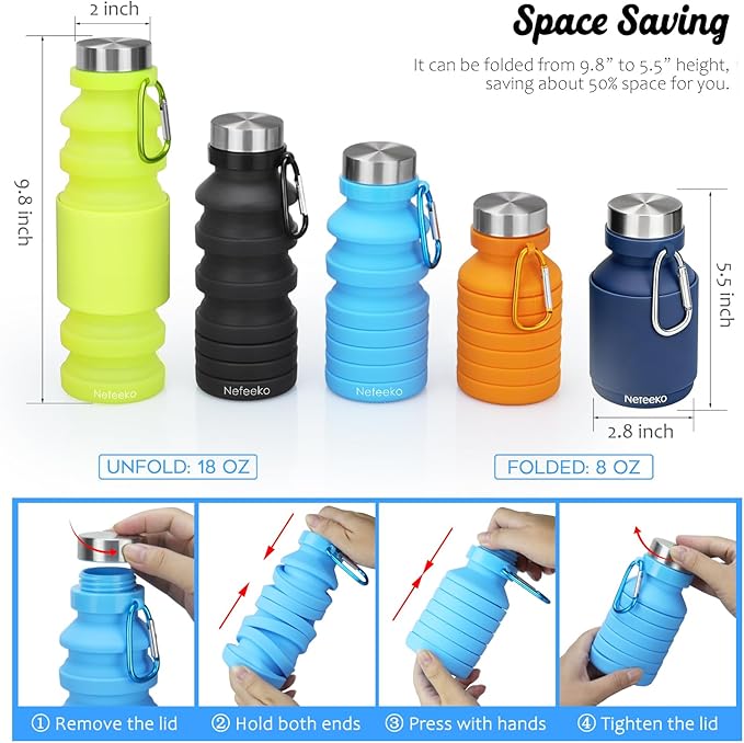 Nefeeko Collapsible Water Bottle, Reuseable BPA Free Silicone Foldable Water - Image 2