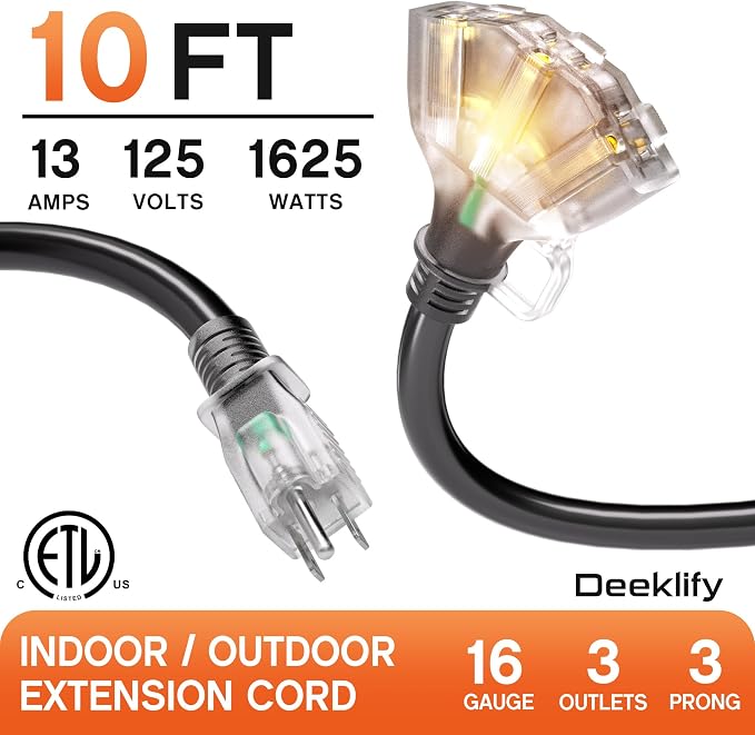 10 ft 16/3 awg 3 Outlet Extension Cord Splitter - Image 2