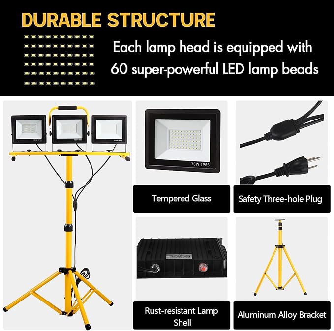 22000 Lumen Work Lights with Stand, 3 Adjustable Head LED Work Light, with - Image 3