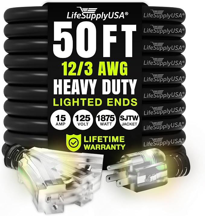 50ft Outdoor/Indoor Extension Cord 3-Outlet 12/3 Gauge Extra Heavy Duty 3 Prong by LifeSupplyUSA