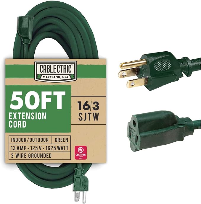 50 ft Outdoor Extension Cord 3 Prong, 16/3 SJTW Weatherproof Green Extension by Cablectric