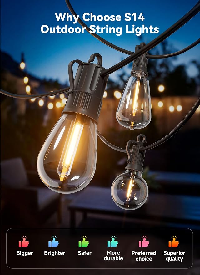Minetom 31FT Outdoor String LED Patio Lights Waterproof, 9 Shatterproof S14 - Image 2
