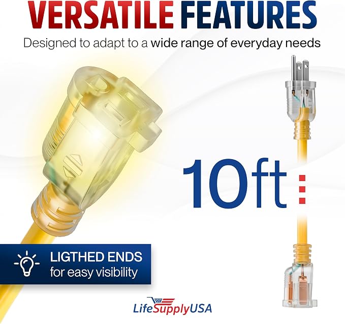 10ft Outdoor/Indoor Extension Cord 16/3 Gauge Heavy Duty 3 Prong SJTW, - Image 6