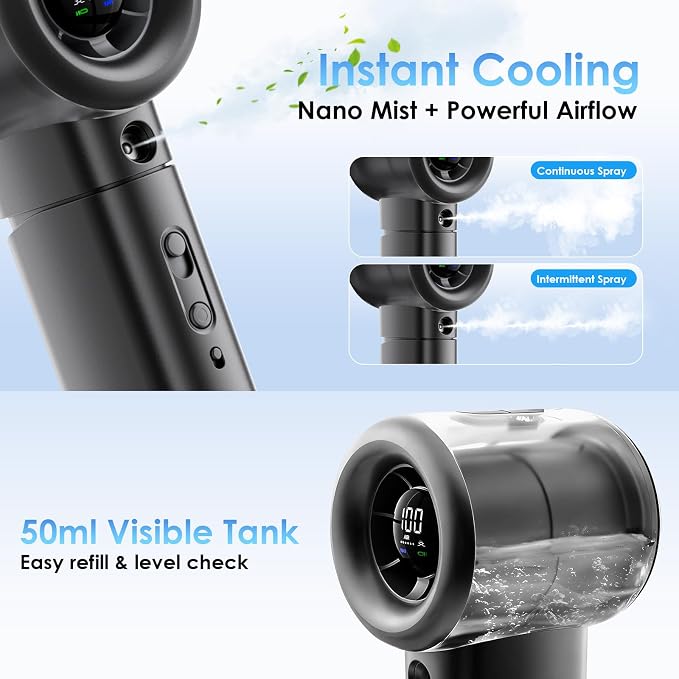 Portable Misting Fan Handheld Powerful Turbo Fan, 100 Speeds, 6000mAh - Image 3