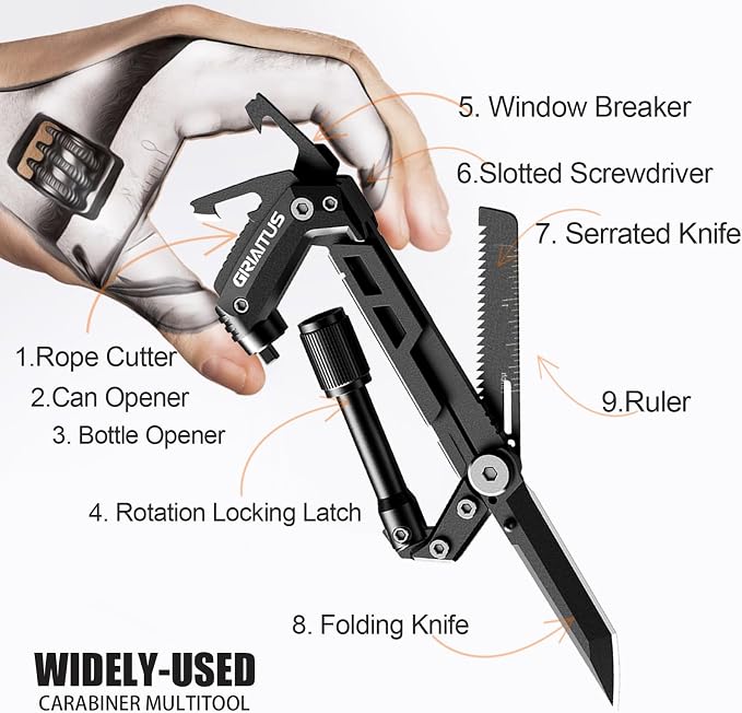 Carabiner Multitool 8-in-1 EDC Carabiners Pocket Knife, Serrated Knife - Image 2