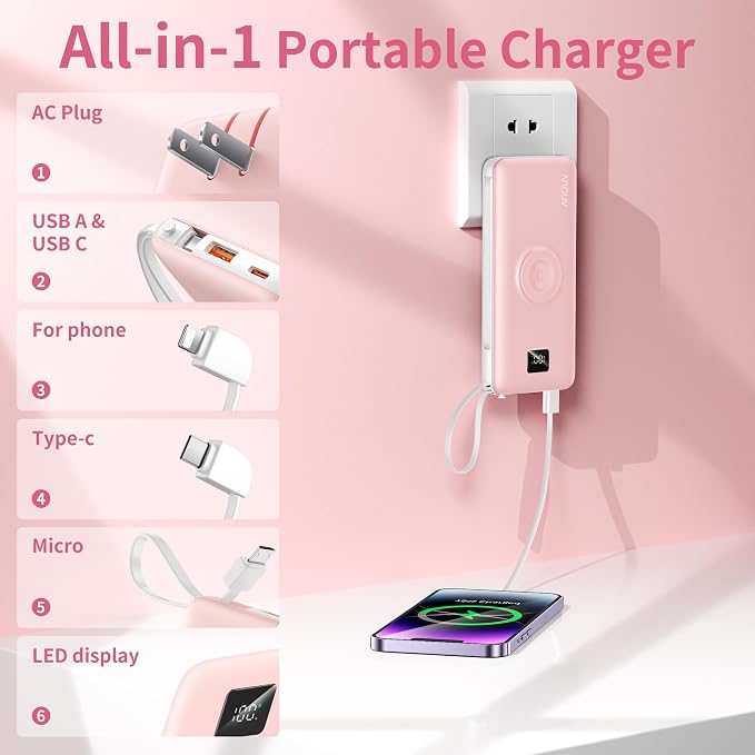 Portable Charger Built-in Cables, AC Wall Plug and Magnetic Wireless iWatch - Image 2
