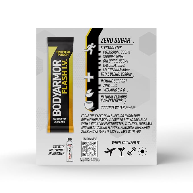 BODYARMOR Flash I.V. Electrolyte Packets, Tropical Punch, Zero Sugar Drink Mix - Image 7