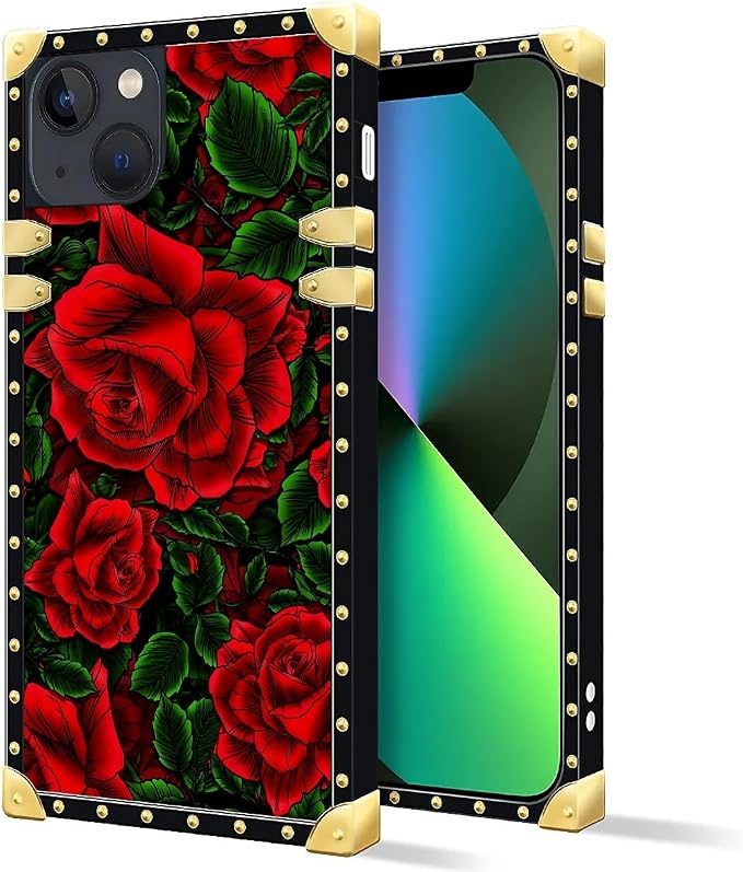Compatible with iPhone 13 Case, Vector Red Rose Green Leaf Luxury Golden - Image 2