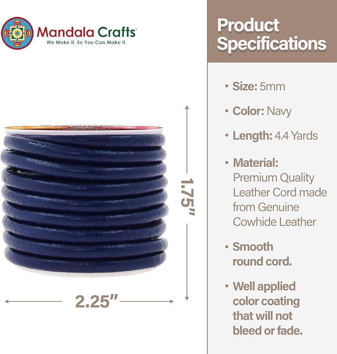 Mandala Crafts Round Genuine Navy Blue Leather Cord - Image 2