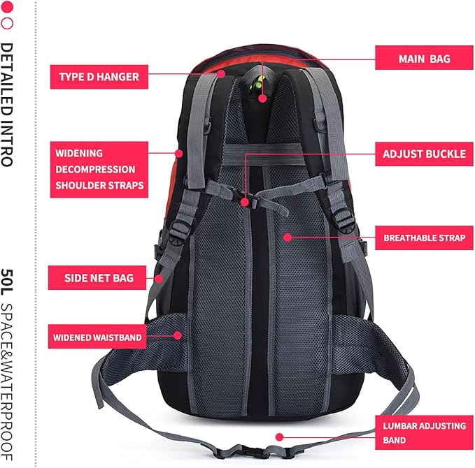 Bseash 50L Hiking Backpack, Water Resistant Lightweight Outdoor Sport Daypack - Image 8