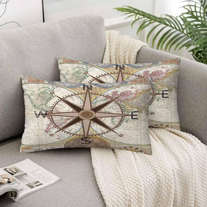 Nautical Compass Throw Pillow Covers 12 X 20 Historical World Map Earth - Image 5
