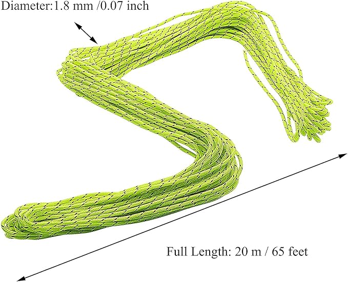 1.8mm Fluorescent Reflective Guyline Tent Rope Camping Cord Paracord, 65 Feet - Image 2
