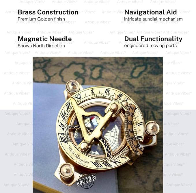 Vintage Brass Sundial Compass, Antique Style Maritime Navigation Instrument - Image 5